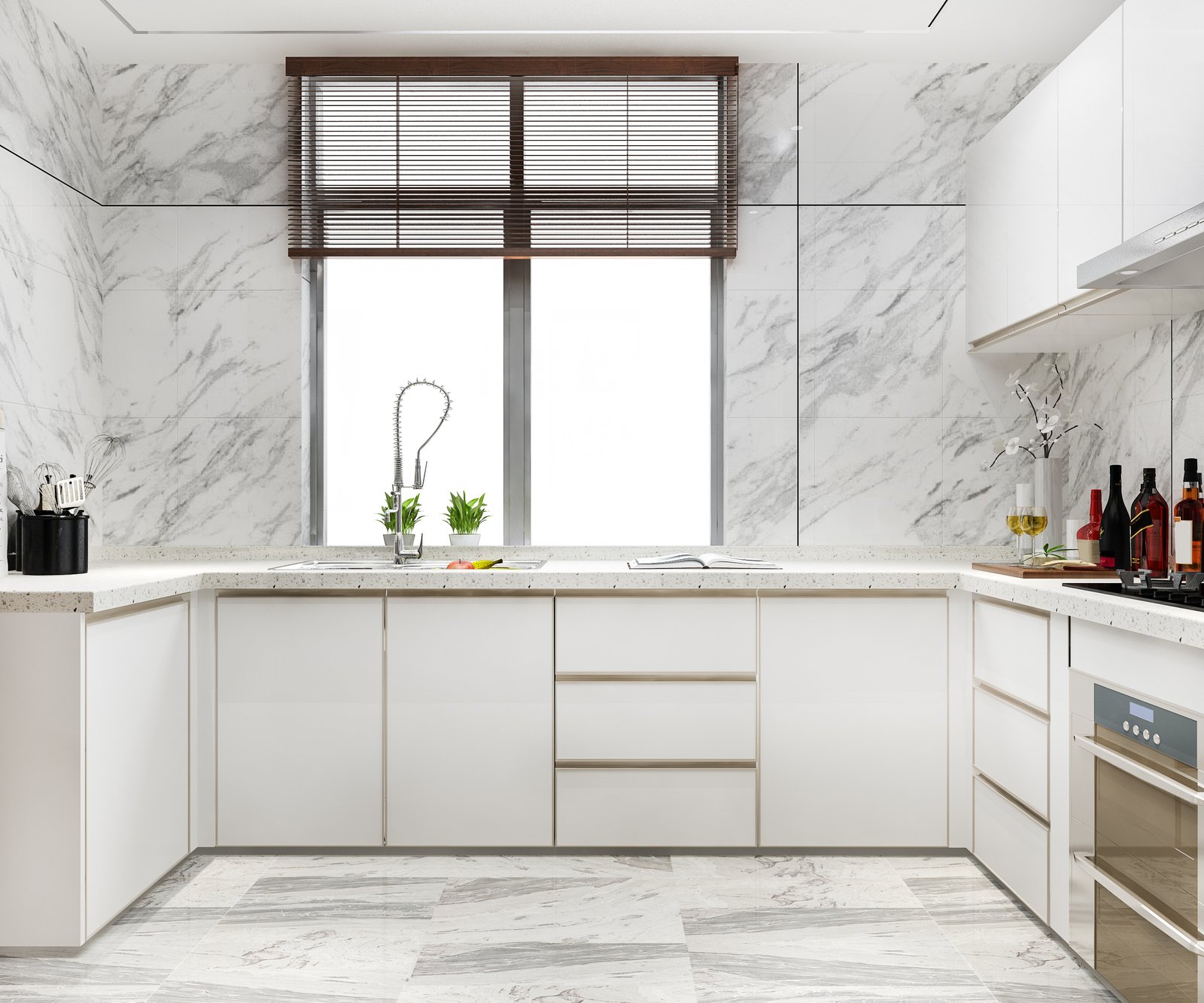 Marble-clad modern kitchen with premium fittings